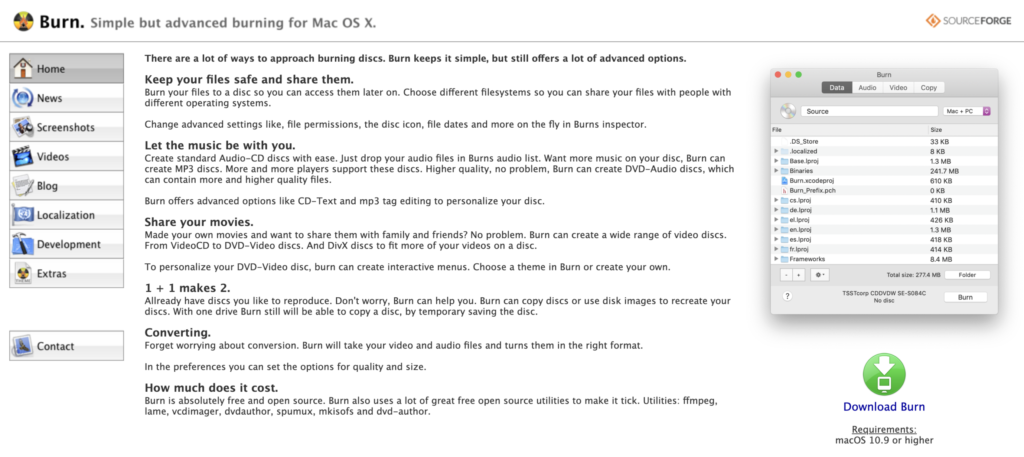 Burn公式配布ページからMac版Burnをダウンロードする画面