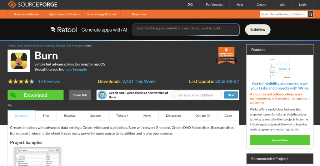 SourceForgeからBurnを無料ダウンロードする画面