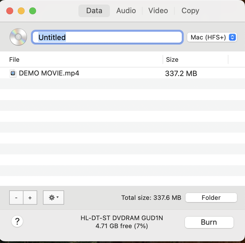 BurnへDVDに焼きたいMP4動画を追加する画面