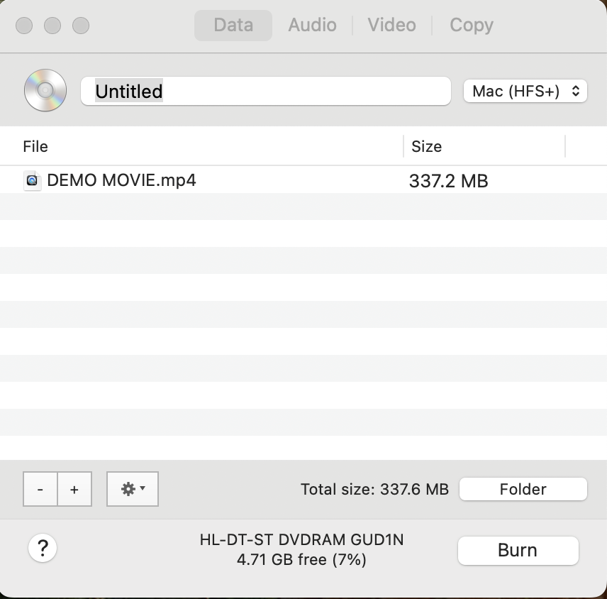 Burnで動画をDVD-Rへ書き込む前の画面