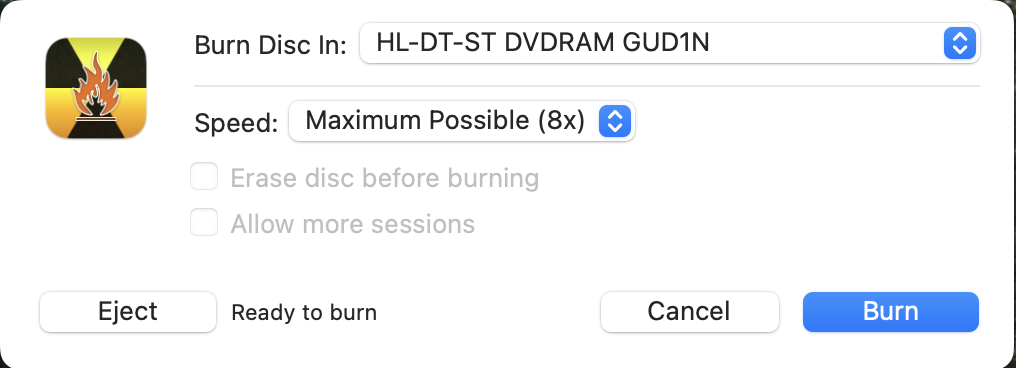 BurnでDVDドライブと書き込み速度を選択する画面